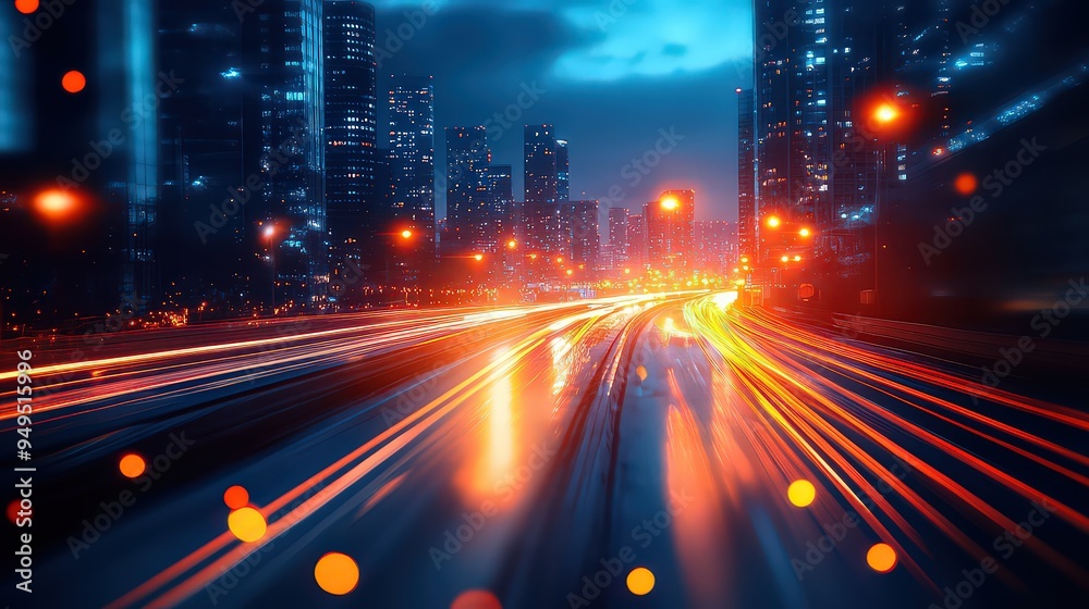 High-speed motion blur of city lights and traffic at night, capturing the dynamic energy and fast pace of urban life in a vibrant cityscape. High-speed motion blur of city lights and traffic at night, capturing the dynamic energy and fast pace of urban life in a vibrant cityscape.