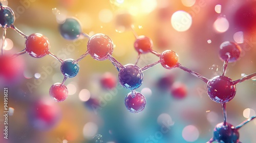  vibrant molecular structure with colorful atoms connected by bonds, representing scientific exploration in chemistry and biology.