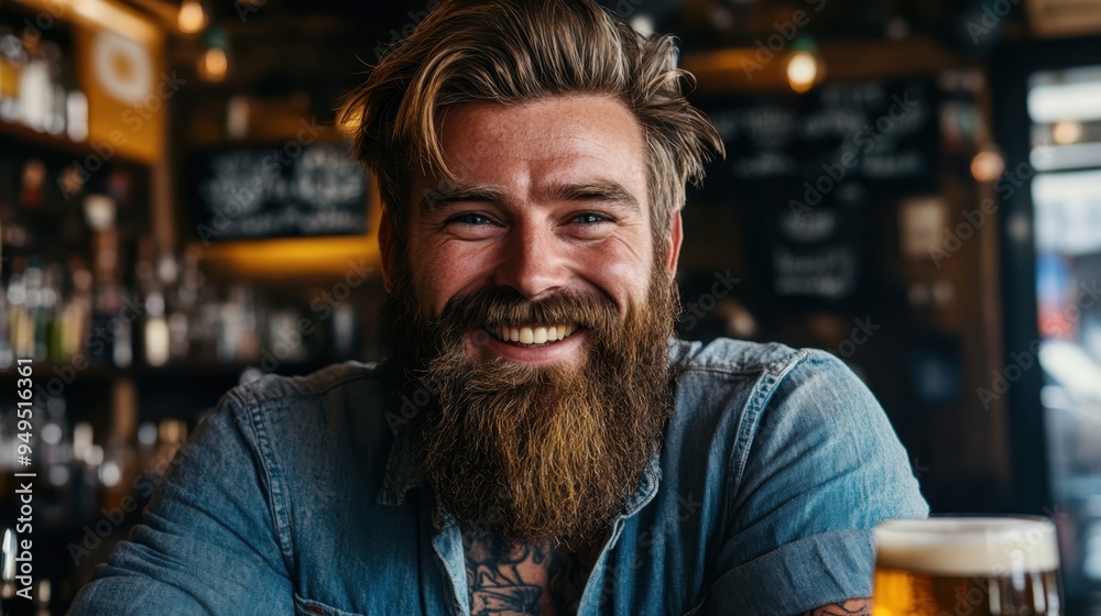 Fototapeta premium Modern Hipster Enjoying a Beer in Cozy Bar with Stylish Beard and Smile