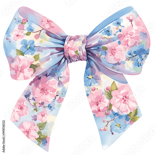 Beautiful ribbon bow with floral pattern print. Coquette aesthetic clipart design element, isolated on white
