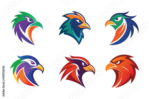 set of Colorful bird heads, stylized eagle logos, vibrant phoenix designs, geometric animal icons, abstract hawk emblems, modern falcon graphics, multicolored avian mascots,  minimalist bird  photo