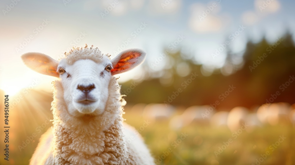 Obraz premium Close up of a fluffy sheep, its wool shimmering in the sunlight, showcasing the beauty of farm animals.