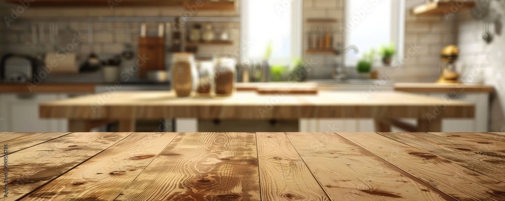 Empty wooden tabletop in cozy kitchen setting with decor. Empty wooden tabletop in cozy kitchen setting with decor.