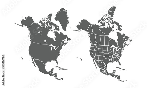 Detailed Map of North America with isolated countries.United States, Canada ,Mexico. New York City, Los Angeles, Chicago, Toronto, Mexico City, Washington D.C., Miami, San Francisco, Houston.