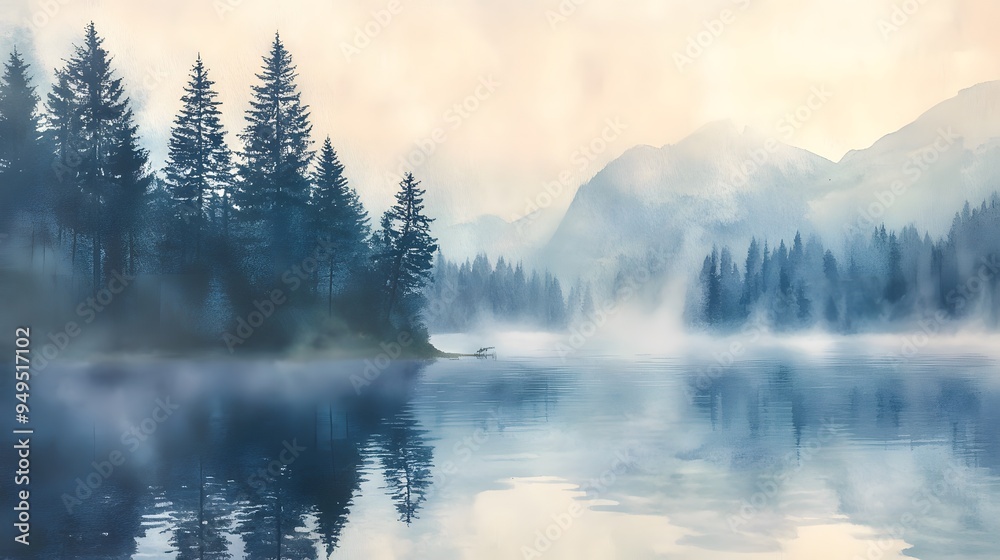 Misty morning at mountain lake pine trees surrounding soft watercolor pastels Misty morning at mountain lake pine trees surrounding soft watercolor pastels