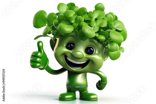 Smiling Watercress 3D Character Giving Thumbs Up Gesture Playful and Cheerful Design for Leafy Vegetable Lovers