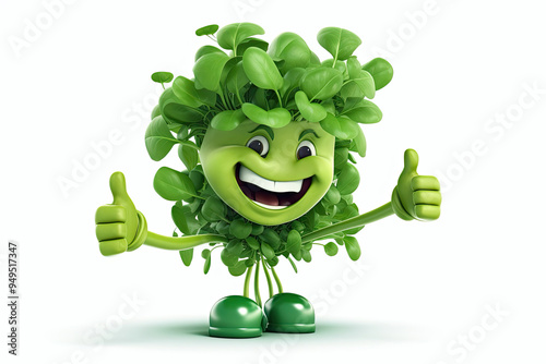 Smiling Watercress 3D Character Giving Thumbs Up Gesture Playful and Cheerful Design for Leafy Vegetable Lovers