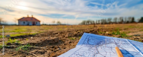 Blueprint plans placed on ground during sunset on terrain