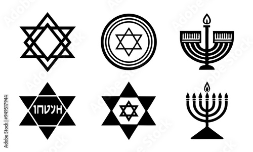 Download Hanukkah Logo Icon Set - Minimalist Silhouettes Of Menorah, Dreidel, And Star Of David For Holiday Decorations And Educational Materials Svg And  Png File.