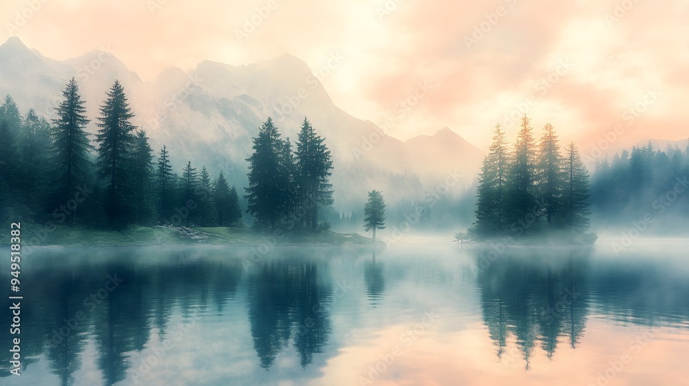 Peaceful dawn mist over mountain lake pine trees and soft pastel landscape