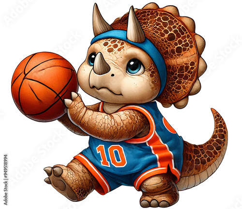 baby Triceratops in a basketball jersey, holding a basketball with both hands and preparing to shoot.