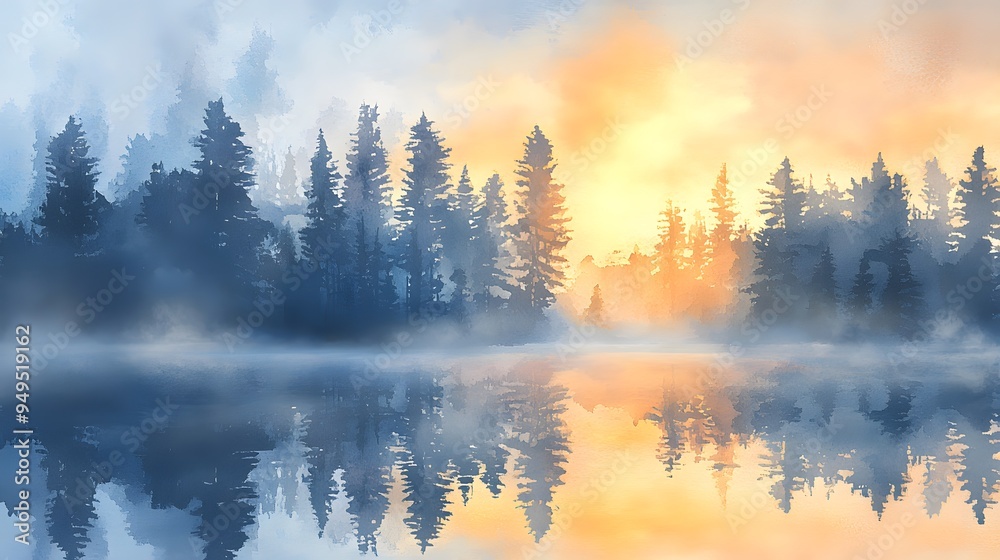 Serene lake at sunrise with mist and pine forest watercolor soft pastel tones Serene lake at sunrise with mist and pine forest watercolor soft pastel tones