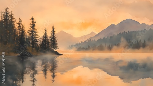 Mountain lake at sunrise with mist rising and pine trees soft watercolor