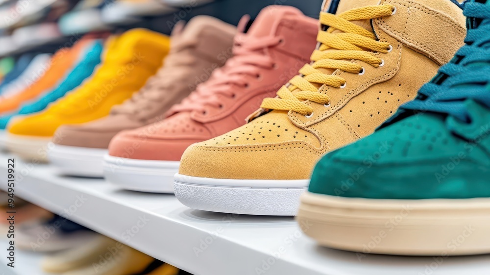 A row of sneakers displayed on a store shelf, front view, capturing sneaker culture trends, digital tone, Analogous Color Scheme A row of sneakers displayed on a store shelf, front view, capturing sneaker culture trends, digital tone, Analogous Color Scheme