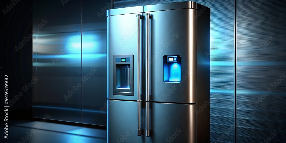 Amidst a dark backdrop, a stainless steel refrigerator's control panel glows softly, its clean lines and geometric shapes illuminated by a blend of cool Amidst a dark backdrop, a stainless steel refrigerator's control panel glows softly, its clean lines and geometric shapes illuminated by a blend of cool