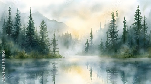 Serene dawn mist over lake with pine trees soft watercolor landscape