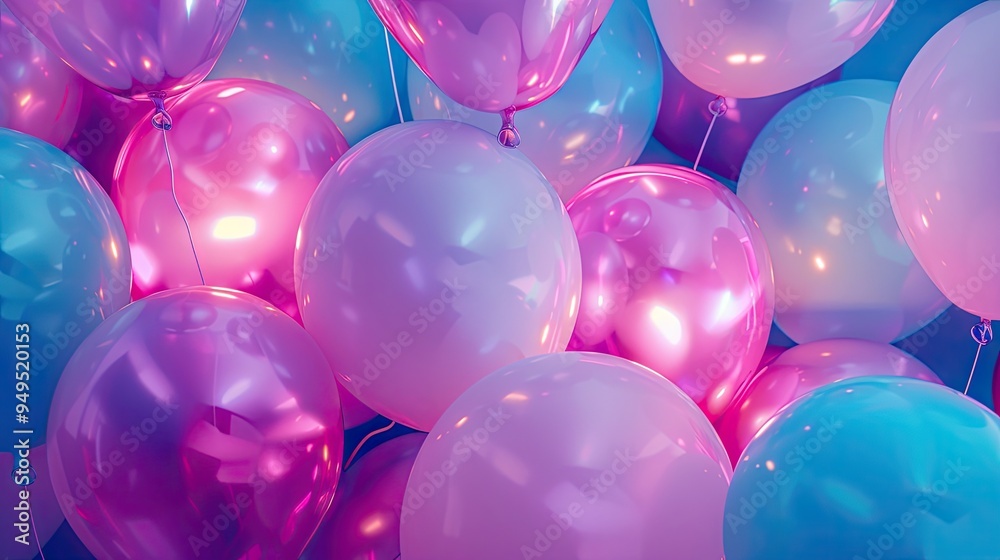 Cluster of vibrant blue and pink balloons with glossy reflections, set against a colorful bokeh background. Festive celebration concept Cluster of vibrant blue and pink balloons with glossy reflections, set against a colorful bokeh background. Festive celebration concept