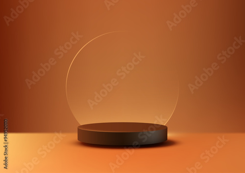 Elegant 3D Black Podium on Orange Gradient Scene, Modern Minimal Display with Transparent circle Backdrop for Product Display