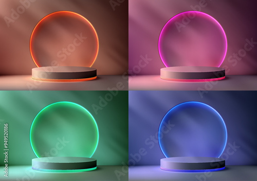 3D neon color podium with a...