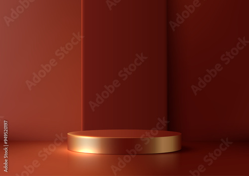 3D Gold Podium Against Deep Red Background, Minimalist Luxury Scene for Product Display, Mockup