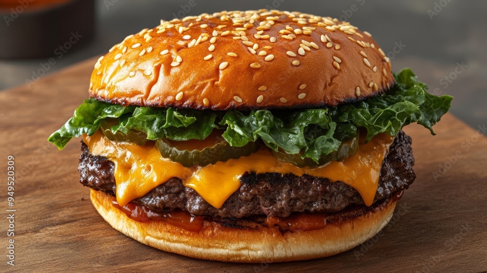 Gourmet beef burger with crispy lettuce, melted cheese, sesame bun, high definition, strong contrast, negative space, gradient background in charcoal gray and amber Gourmet beef burger with crispy lettuce, melted cheese, sesame bun, high definition, strong contrast, negative space, gradient background in charcoal gray and amber