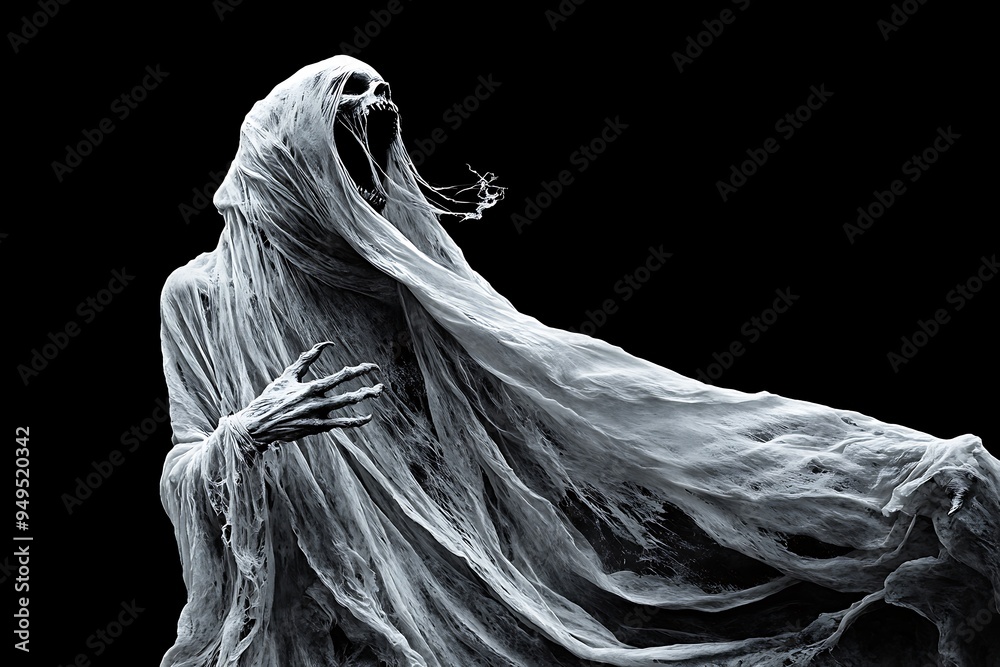 Ghoulish White Wraith Howling on a Solid Black Background for Horror Artwork. 32k, Ghoulish White Wraith Howling on a Solid Black Background for Horror Artwork. 32k,