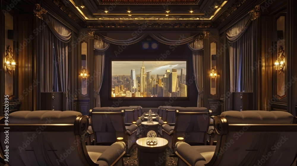 Fototapeta premium An elegant home theater with plush seating, a large screen, surround sound, and dimmable lights for the perfect movie experience.