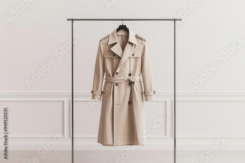 A stylish trench coat hanging on a rack in a minimalist boutique, front view, symbolizing classic fashion trends, advanced tone, Split-complementary color scheme