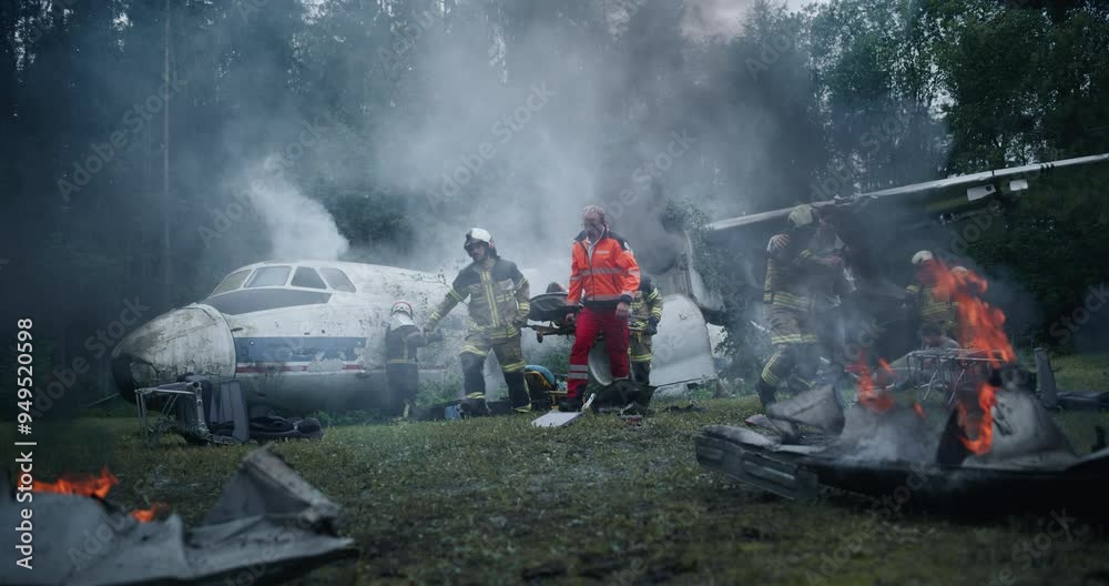 Rescue Team Working on Wreckage Site of a Crashed Airliner, Firefighters Extinguishing Flames while Paramedics Attend to Injured Passengers. Urgent Situation as Lives Hang in the Balance