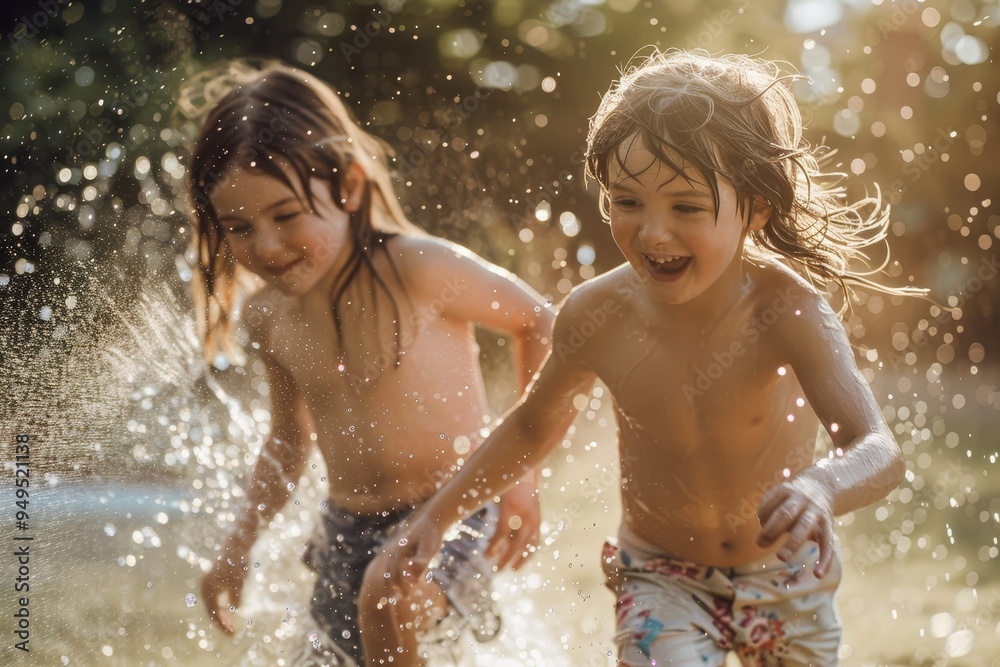 Two siblings gleefully playing in the water at a park on a sunny day, Siblings running through a sprinkler in the backyard Two siblings gleefully playing in the water at a park on a sunny day, Siblings running through a sprinkler in the backyard