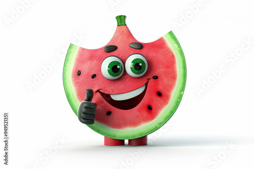 Smiling Watermelon Cartoon Character Giving Thumbs Up Gesture Playful and Cheerful Design for Watermelon Lovers and Refreshing Snack