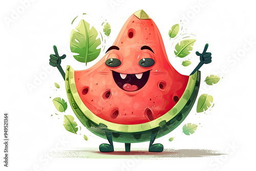 Smiling Watermelon Cartoon Character Giving Thumbs Up Gesture Playful and Cheerful Design for Watermelon Lovers and Refreshing Snack