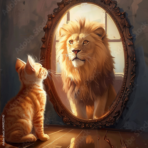 Kitten Looking at Lion in Mirror photo