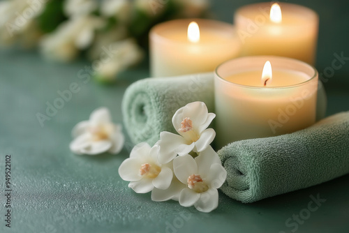 Spa Candles On Green Background