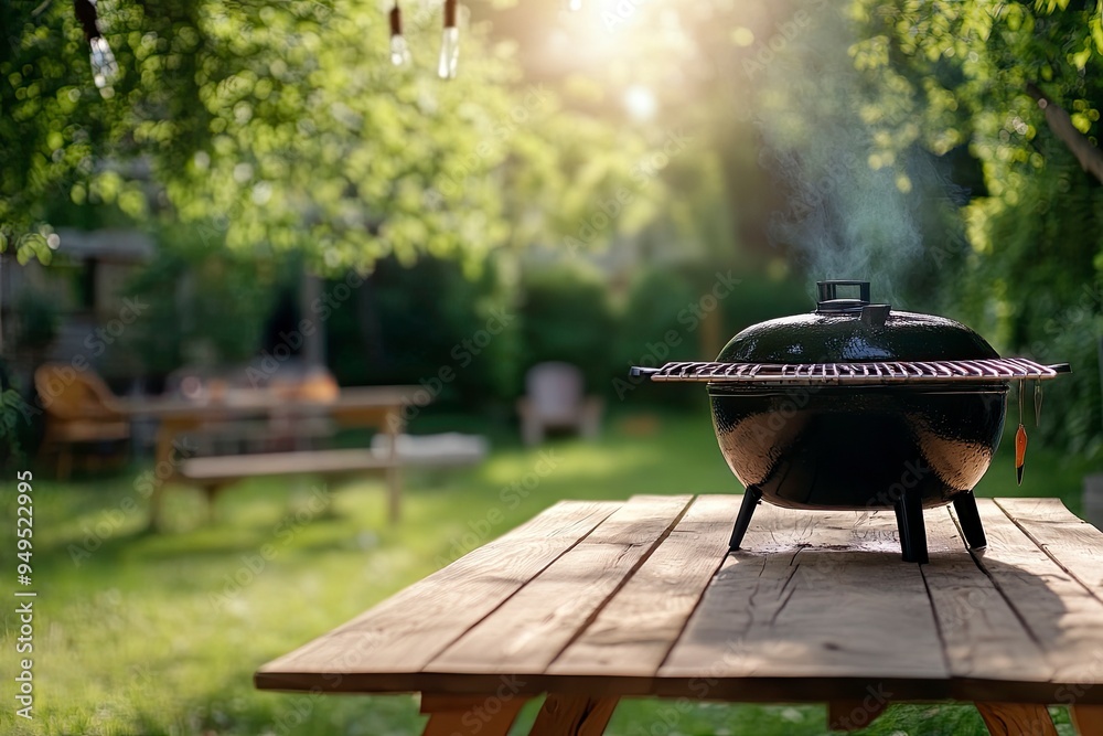 summer time party in backyard garden with grill BBQ, wooden table, blurred background , ai summer time party in backyard garden with grill BBQ, wooden table, blurred background , ai