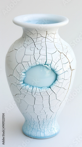 A white vase with blue paint has a hole in the middle photo