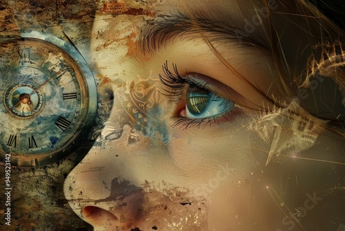 Close up of a womans face with a clock in the background, capturing the concept of time passing, Silent witness to the passage of time photo