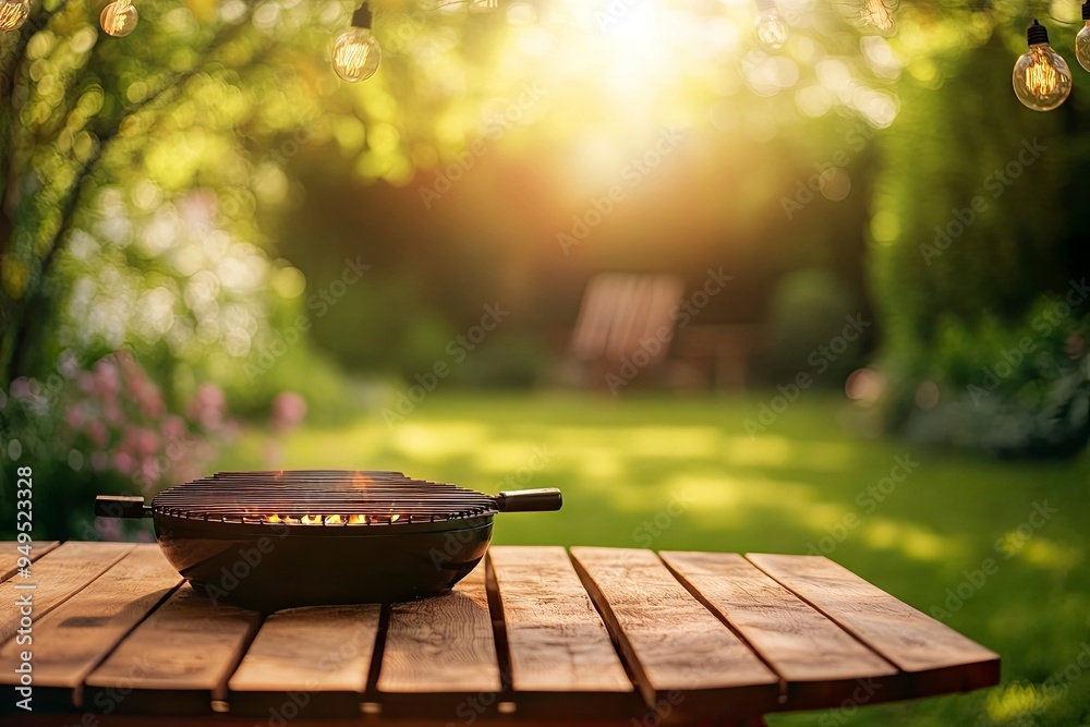 summer time party in backyard garden with grill BBQ, wooden table, blurred background , ai summer time party in backyard garden with grill BBQ, wooden table, blurred background , ai