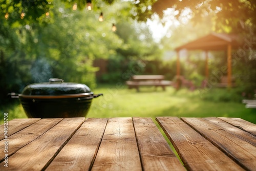 summer time party in backyard garden with grill BBQ, wooden table, blurred background , ai photo