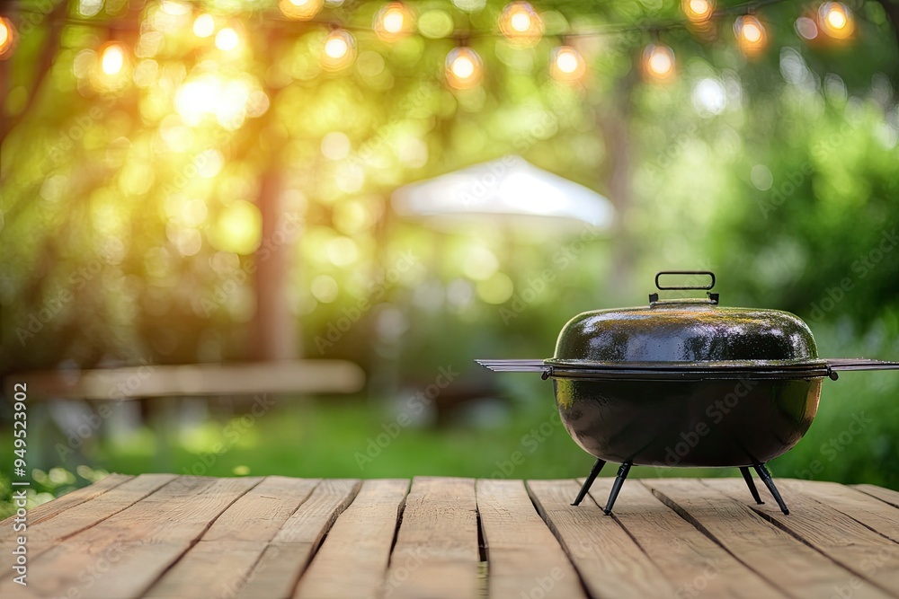 summer time party in backyard garden with grill BBQ, wooden table, blurred background , ai