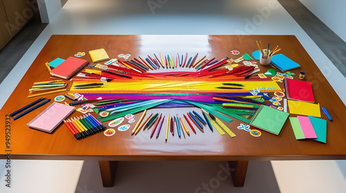 Colorful and Organized Still Life of School Supplies stationery items pencils colors notebooks calender display
