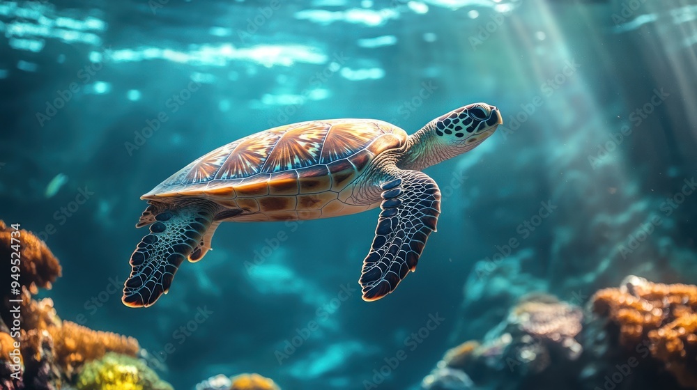 Fototapeta premium Sea Turtle Swimming Through Sunlight