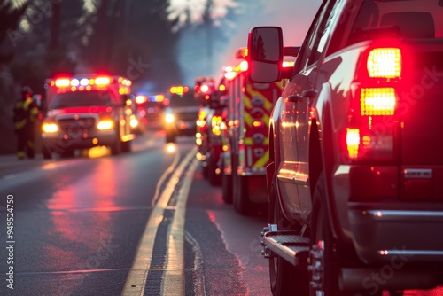 Sirens blaring, emergency vehicles in a line speed down the street responding to a crisis, Sirens wailing as emergency responders arrive on scene
