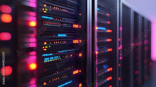 Server Racks with Red and Blue Lights - Data Center Technology