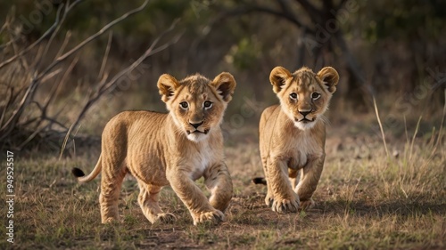 Lion cubs frolicking in savannah 