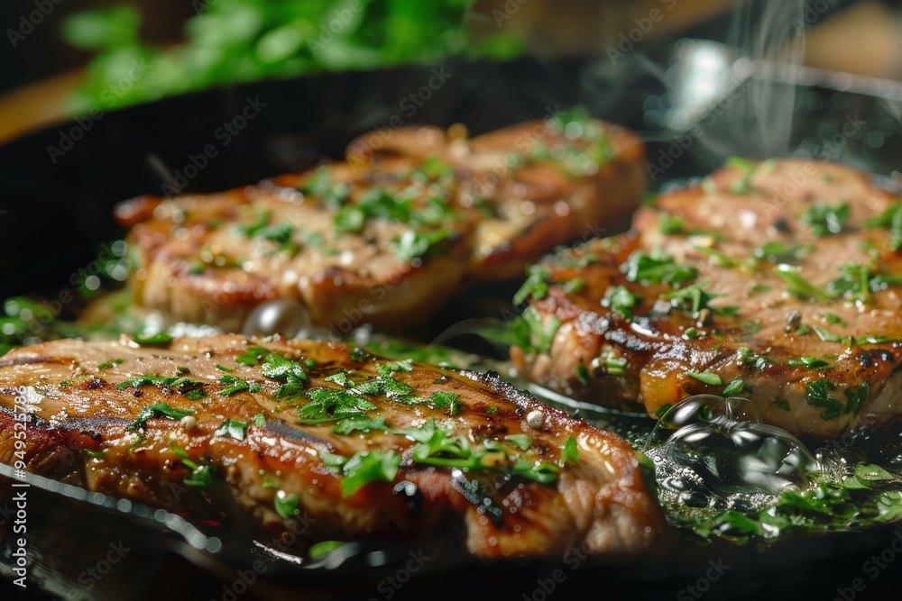 Close up of sizzling pork chops cooking in a skillet with fresh herbs, Sizzling pork chops sprinkled with fresh herbs Close up of sizzling pork chops cooking in a skillet with fresh herbs, Sizzling pork chops sprinkled with fresh herbs
