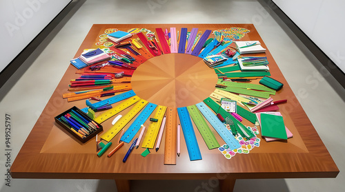 Colorful and Organized Still Life of School Supplies stationery items pencils colors notebooks calender display
