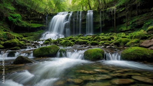 Lush green waterfalls cascading
