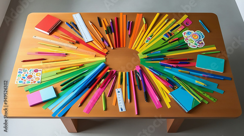 Colorful and Organized Still Life of School Supplies stationery items pencils colors notebooks calender display