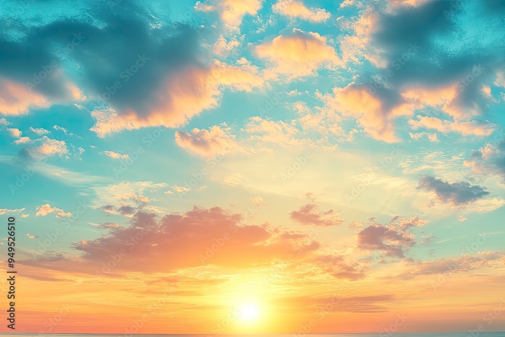 Fototapeta premium Beautiful sky background - Sunset Sunrise sky with light clouds and real sun , ai